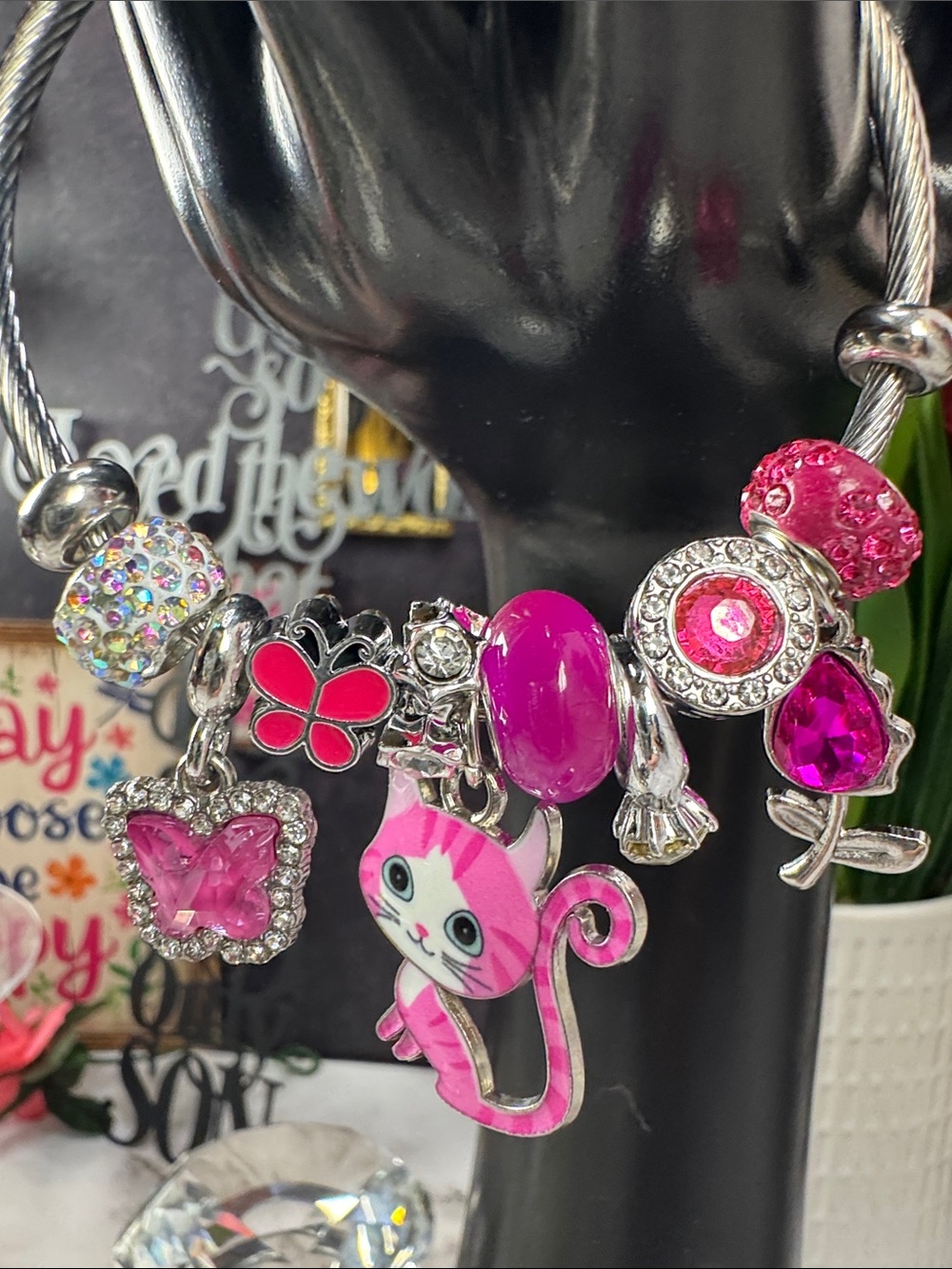 Girls' Pink Cat Charm Bracelet with Sparkling Butterfly Accents
